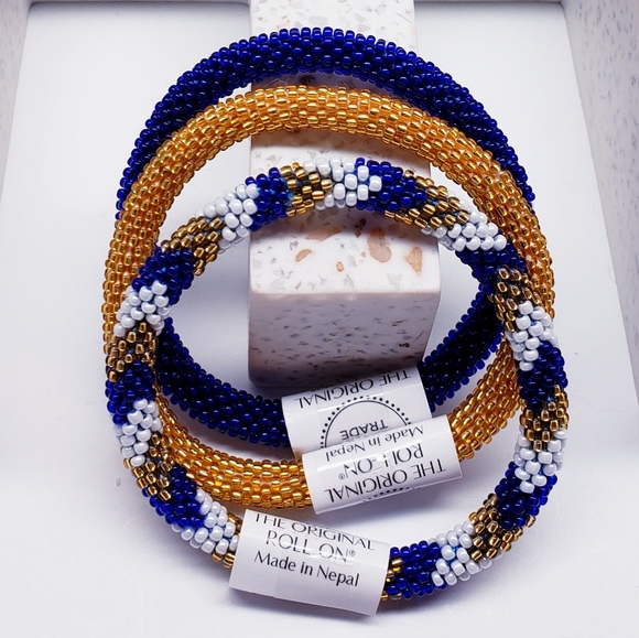 GOLD & NAVY -Original Roll-On® Bracelets, 7" round, made in Nepal #3 (3 pieces) - Picture 1 of 7
